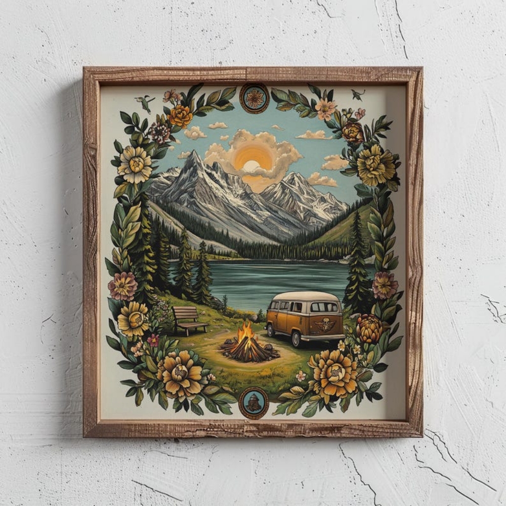 Vintage Camping & Traditional Tattoo Flash Art Print- Outdoors Nature Ink Design